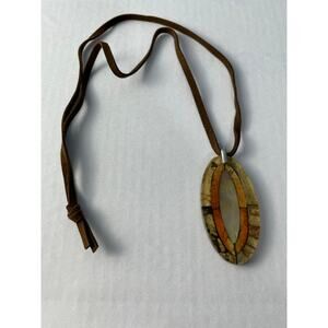 Artisan Inlay Pendant Necklace Mother of Pearl Composite Stone Suede Cord Boho